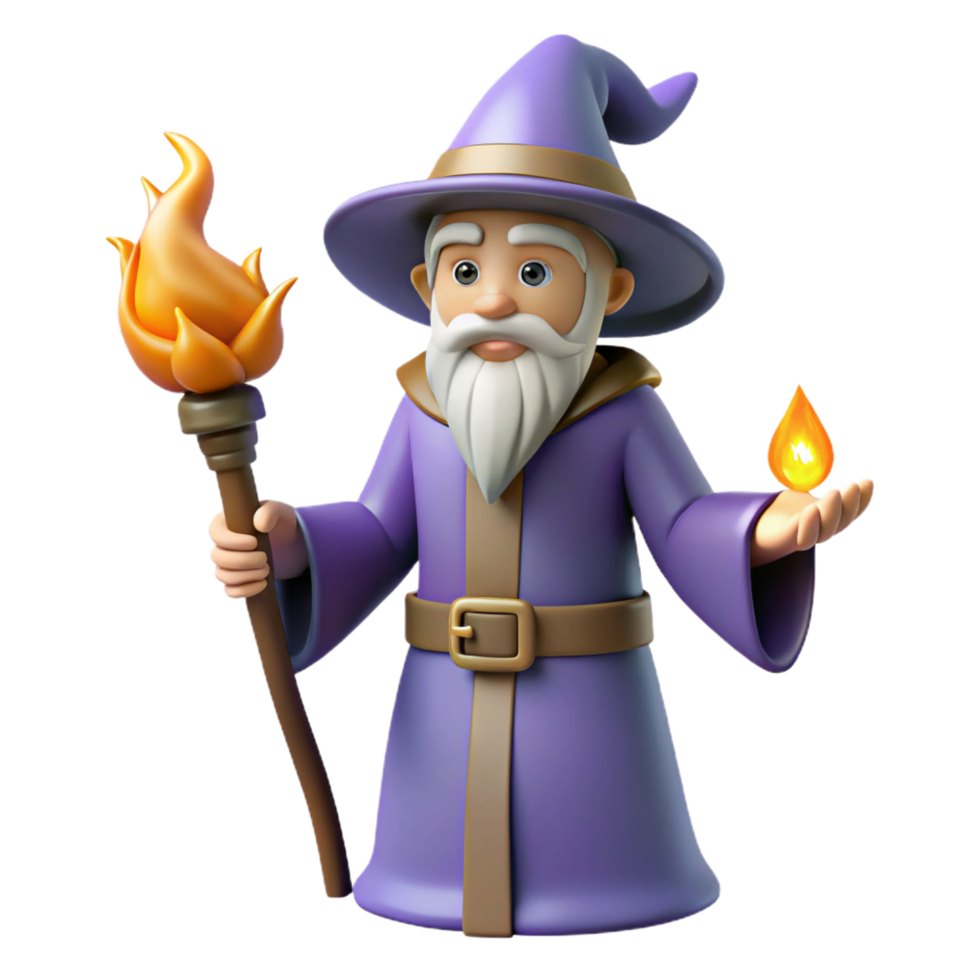 Wizard Performing Fire Magic Spell with Staff Transparent png