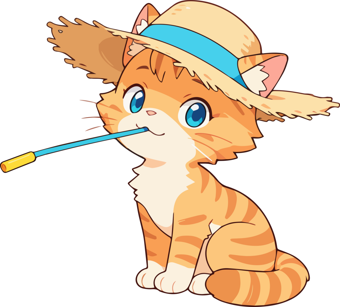Outdoor Vibes Tabby Cat in Summer Straw Hat png
