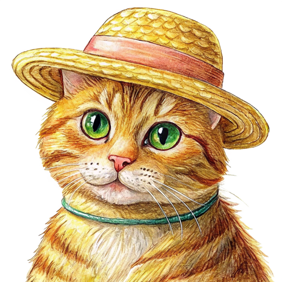 Smiling Tabby Cat in Summer Hat on Transparent png
