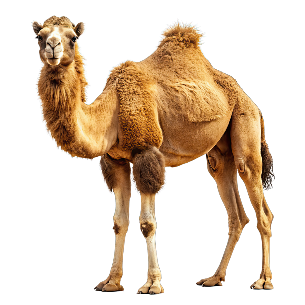 A single camel with thick brown fur stands with legs spread apart looking directly at the camera png