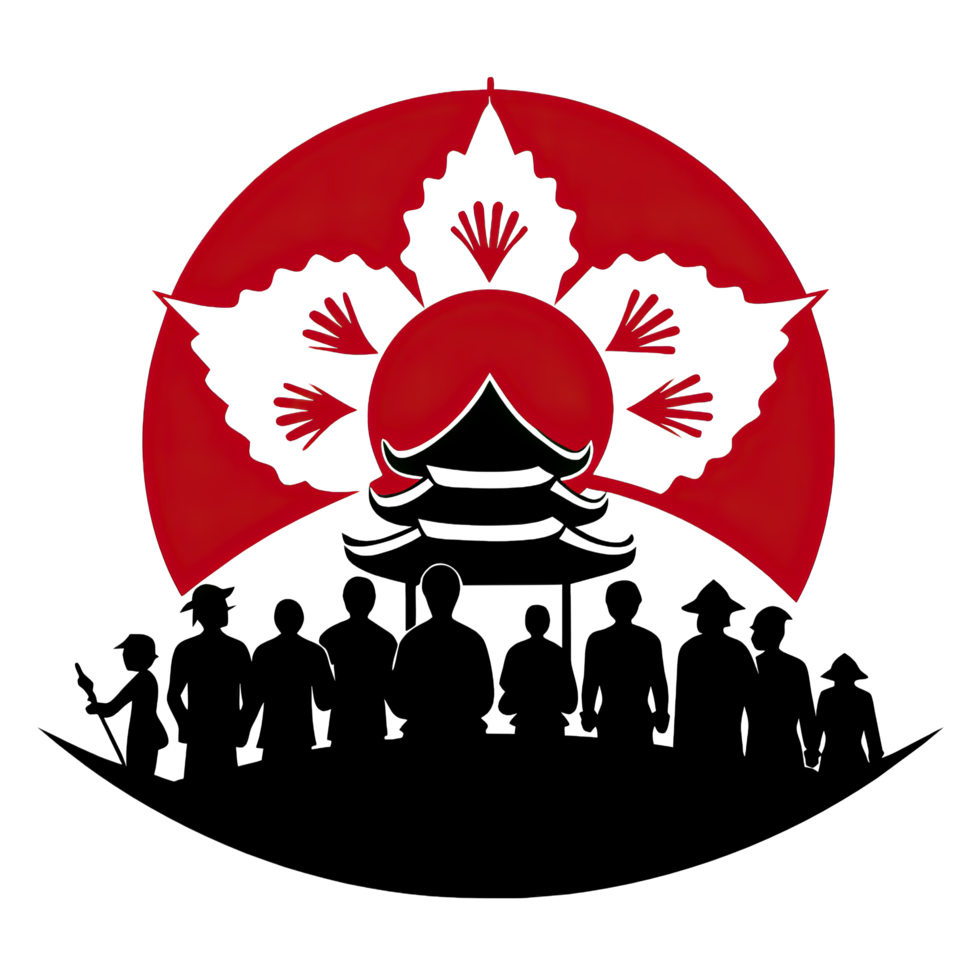 Silhouettes of people standing in front of a pagoda with a stylized red sun and white flower inspired by the Japanese flag in the background. png