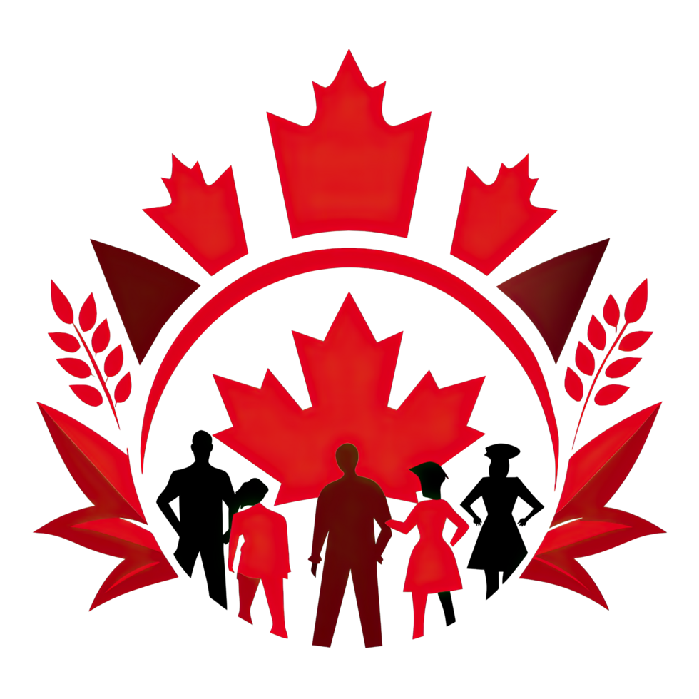A creative Canadian flag design with a bold red maple leaf and a circle of diverse silhouettes. png
