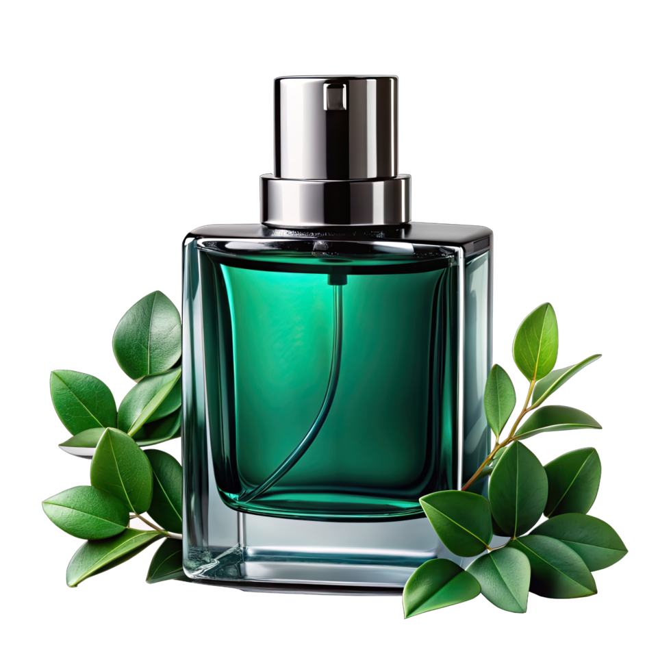 Elegant green perfume bottle with a silver cap, adorned with a delicate sprig of leaves. png