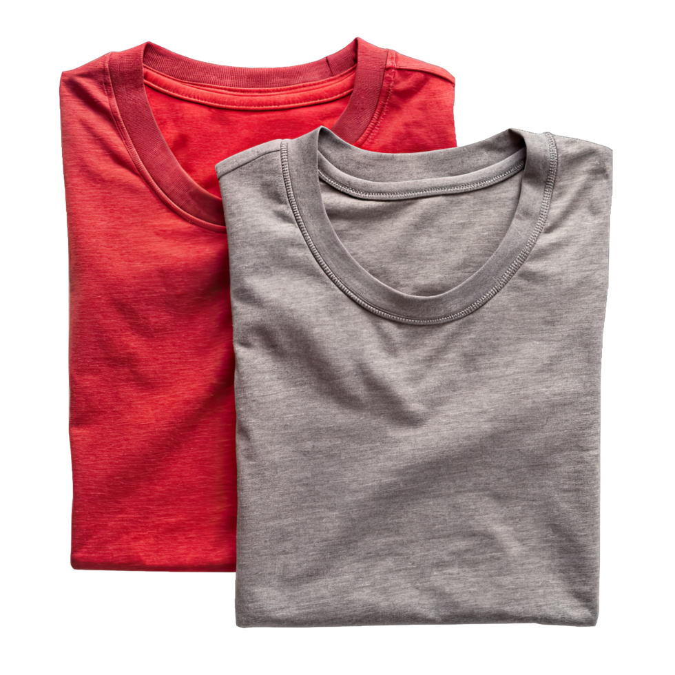 A red and grey t-shirt neatly folded and stacked, showcasing their blank surfaces without background png
