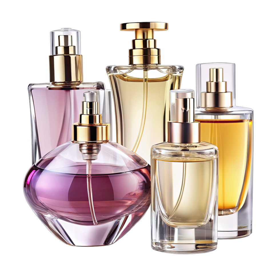 Elegant glass perfume bottles with gold caps. png
