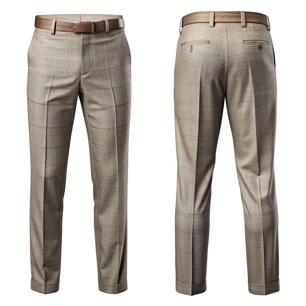 Front and back view of men's formal pants in tan plaid pattern with classic fit and belt loop waistband png