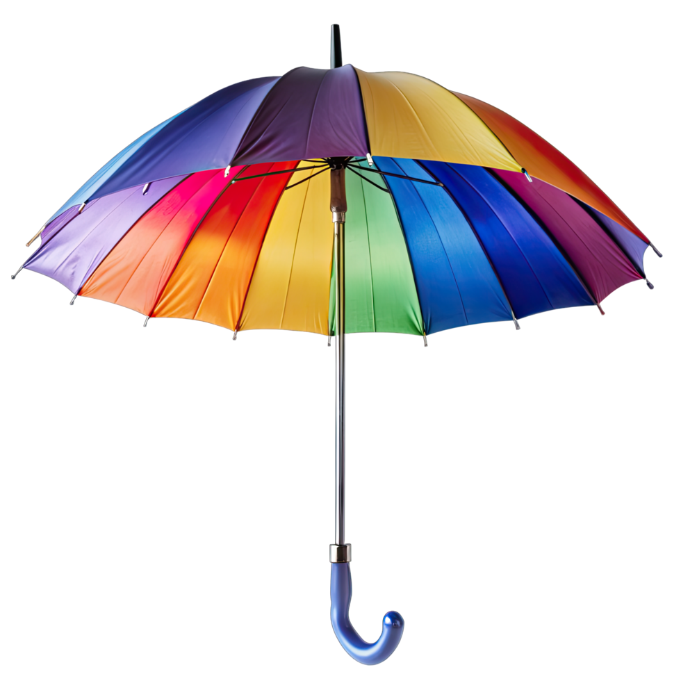 A bright, colorful rainbow patterned umbrella featuring a sleek blue handle. png