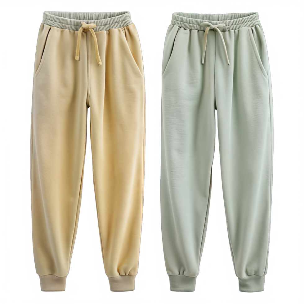A pair of yellow sweatpants and a pair of green sweatpants displayed with elastic waistband and drawstring png