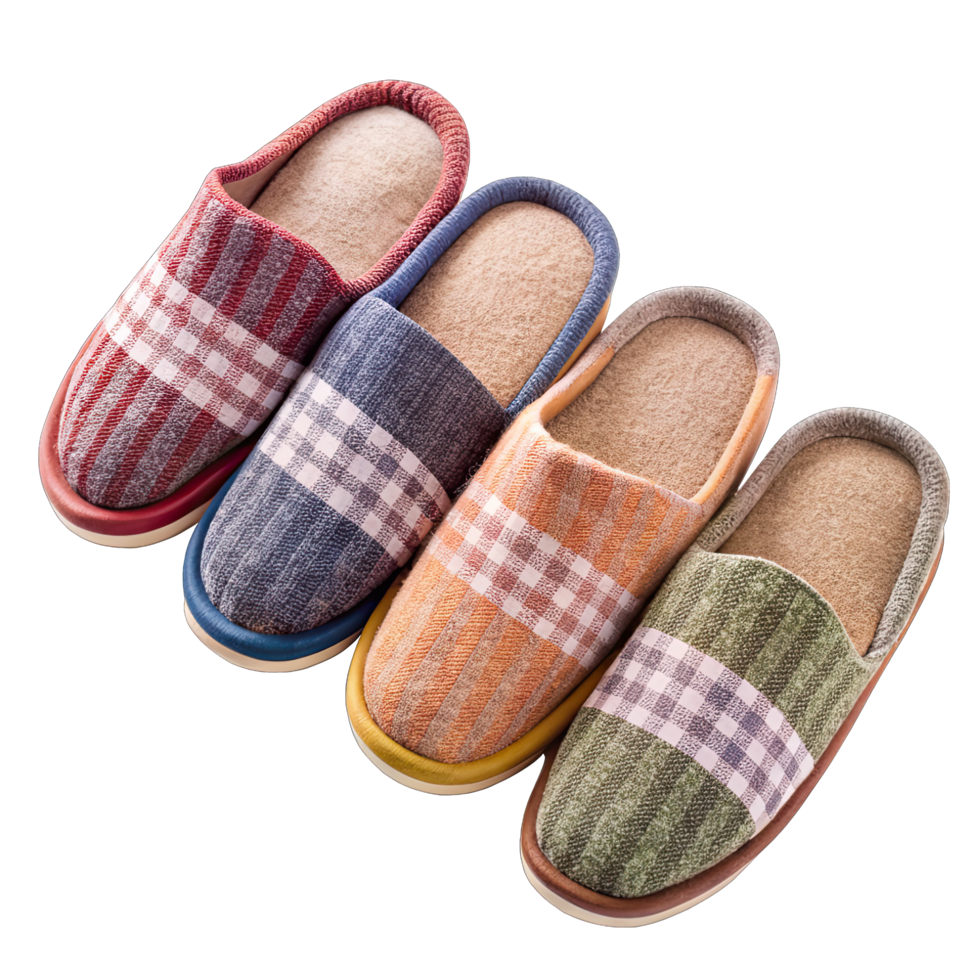 pairs of cozy checkered slippers in different colors with a comfortable slip on design displayed with clear lighting png
