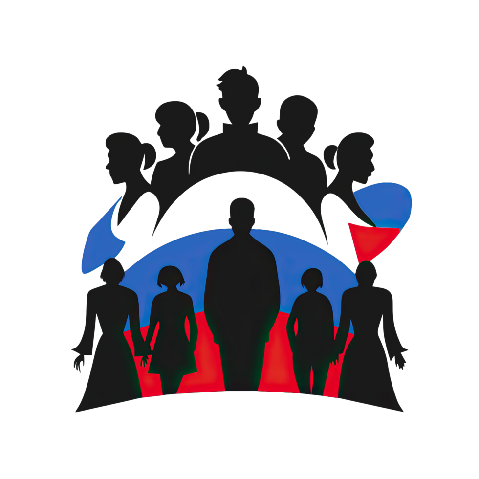 Multi generational silhouettes against stylized flowing Russian flag colors png