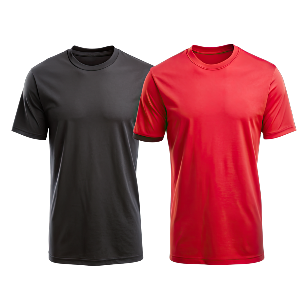 Plain black and red t-shirts with round collars and short sleeves, displayed without background png