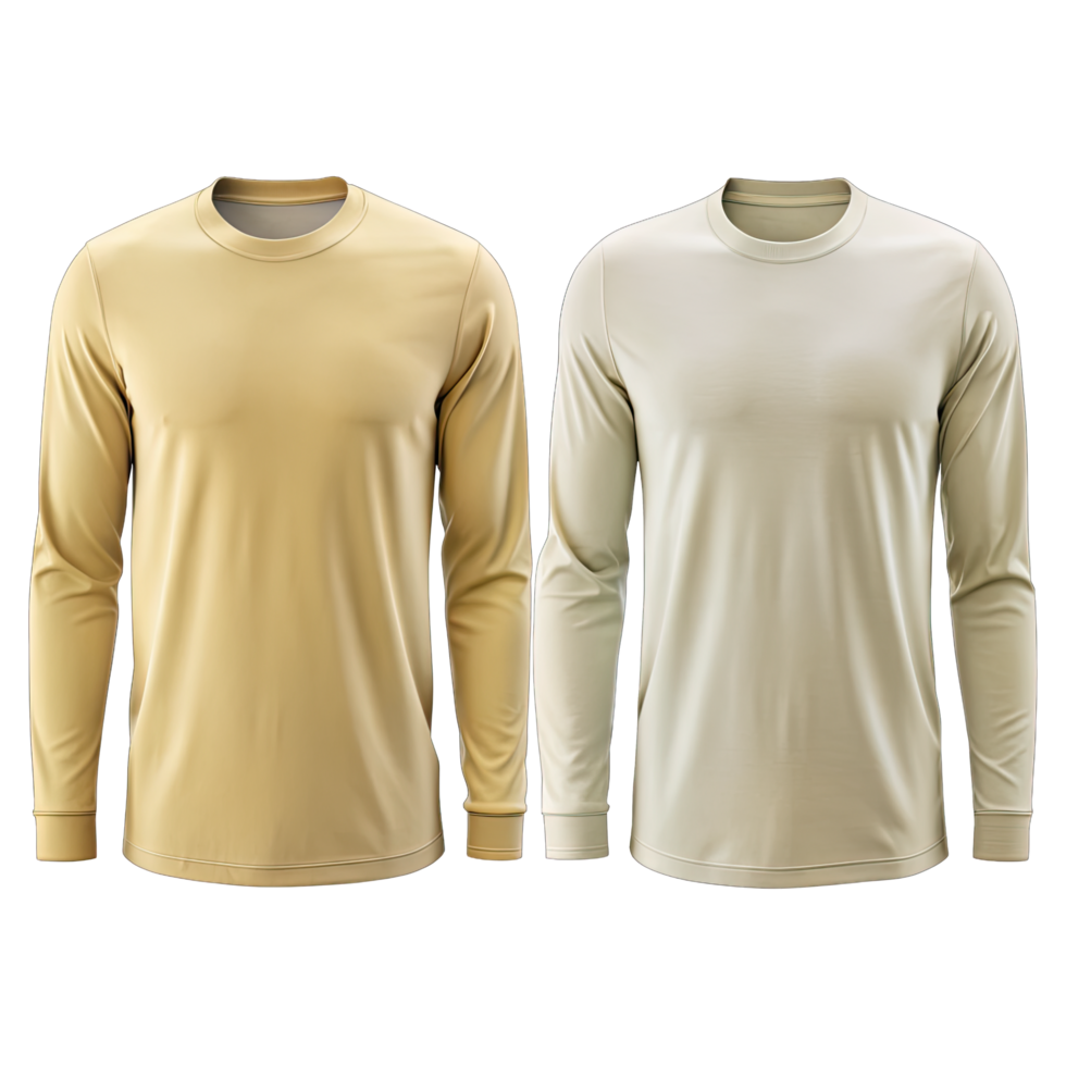 Photo of two blank long sleeve t-shirts, one light beige and the other pale yellow, laying flat with sleeves apart, without background png