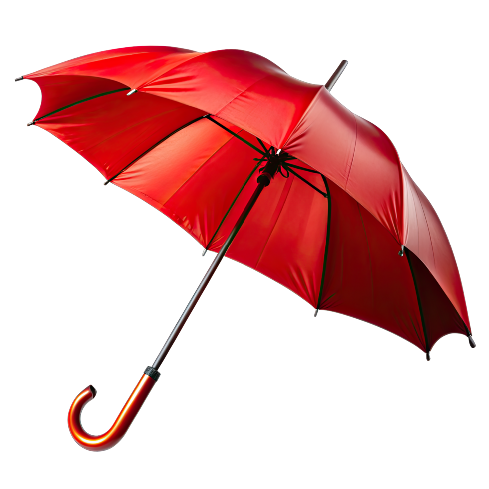 A bold red umbrella, fully open and angled to the right, its curved handle dipping toward the lower corner. png