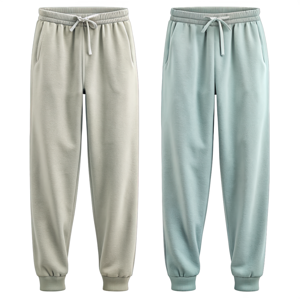 Pairs of casual sweatpants, light grey on the left and light blue on the right, with drawstring waistbands and relaxed fit. png