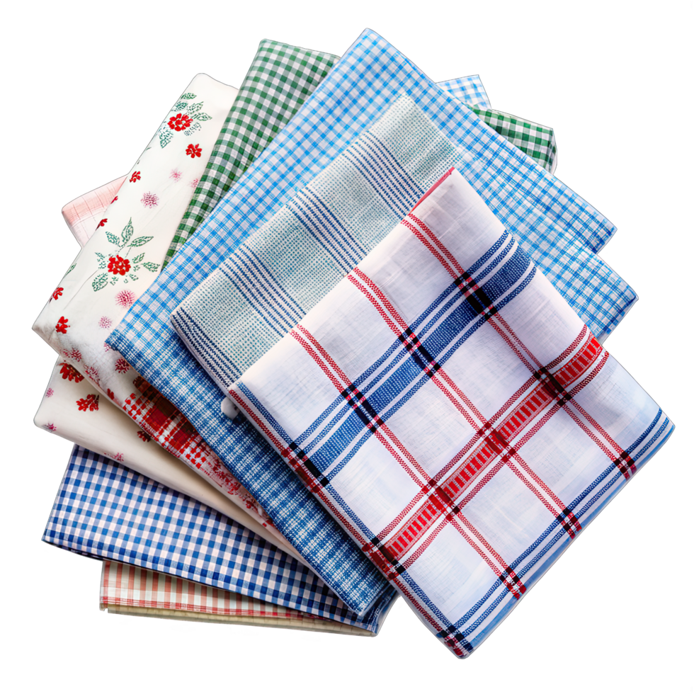 Stack of patterned handkerchiefs floral, plaid, and checkered in assorted colors. png