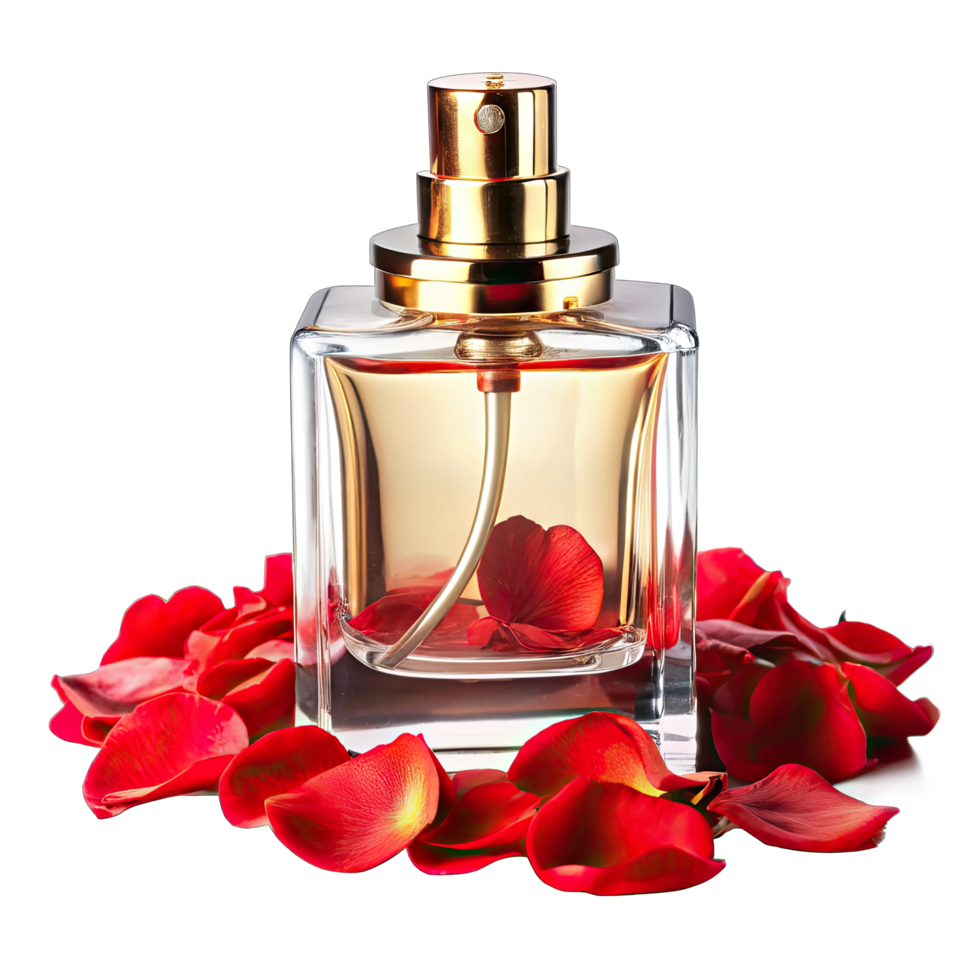 Luxurious glass perfume bottle with a gold sprayer and clear liquid, nestled among red rose petals. png