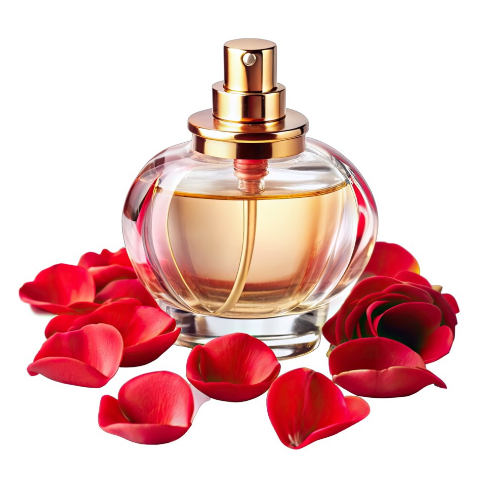 Clear glass perfume bottle with gold atomizer, artfully framed by scattered red rose petals. png