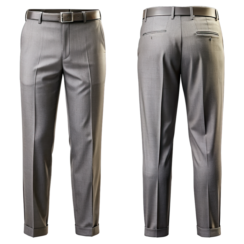 Pair of formal men's gray dress pants displayed showing both front and back views png