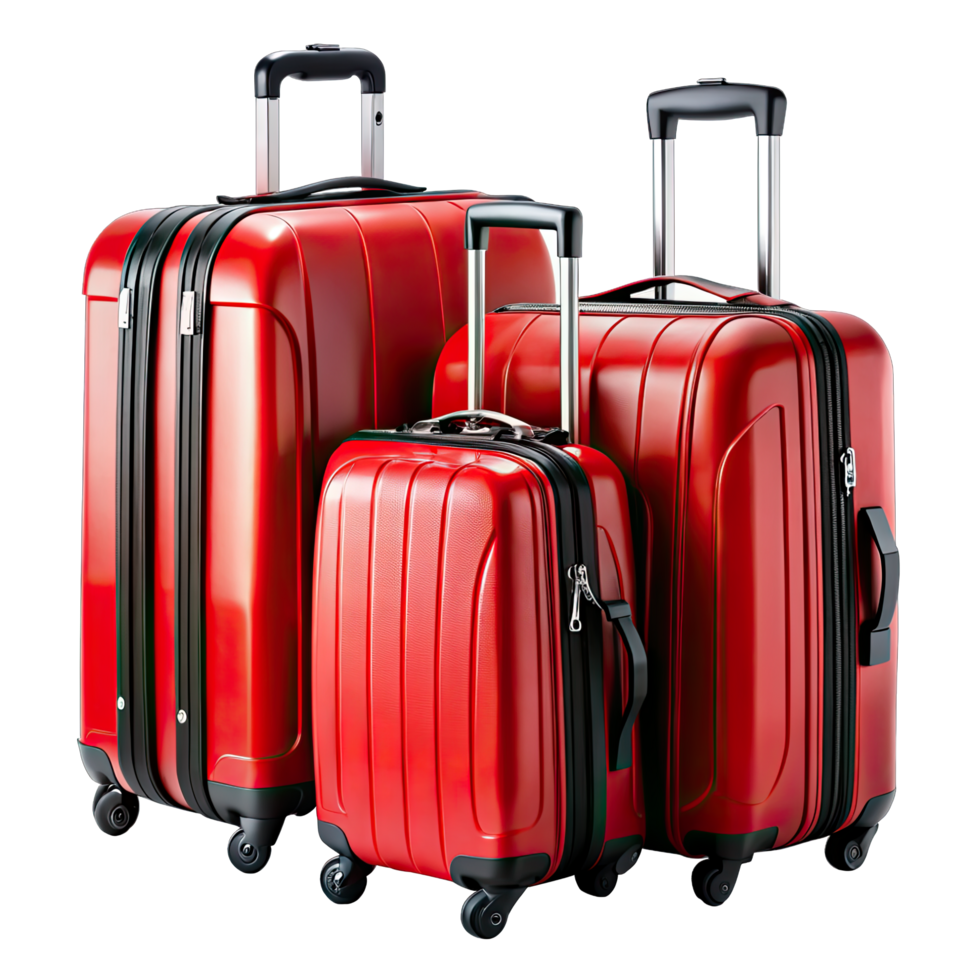 Set of three red wheeled suitcases with telescopic handles prepped for travel png