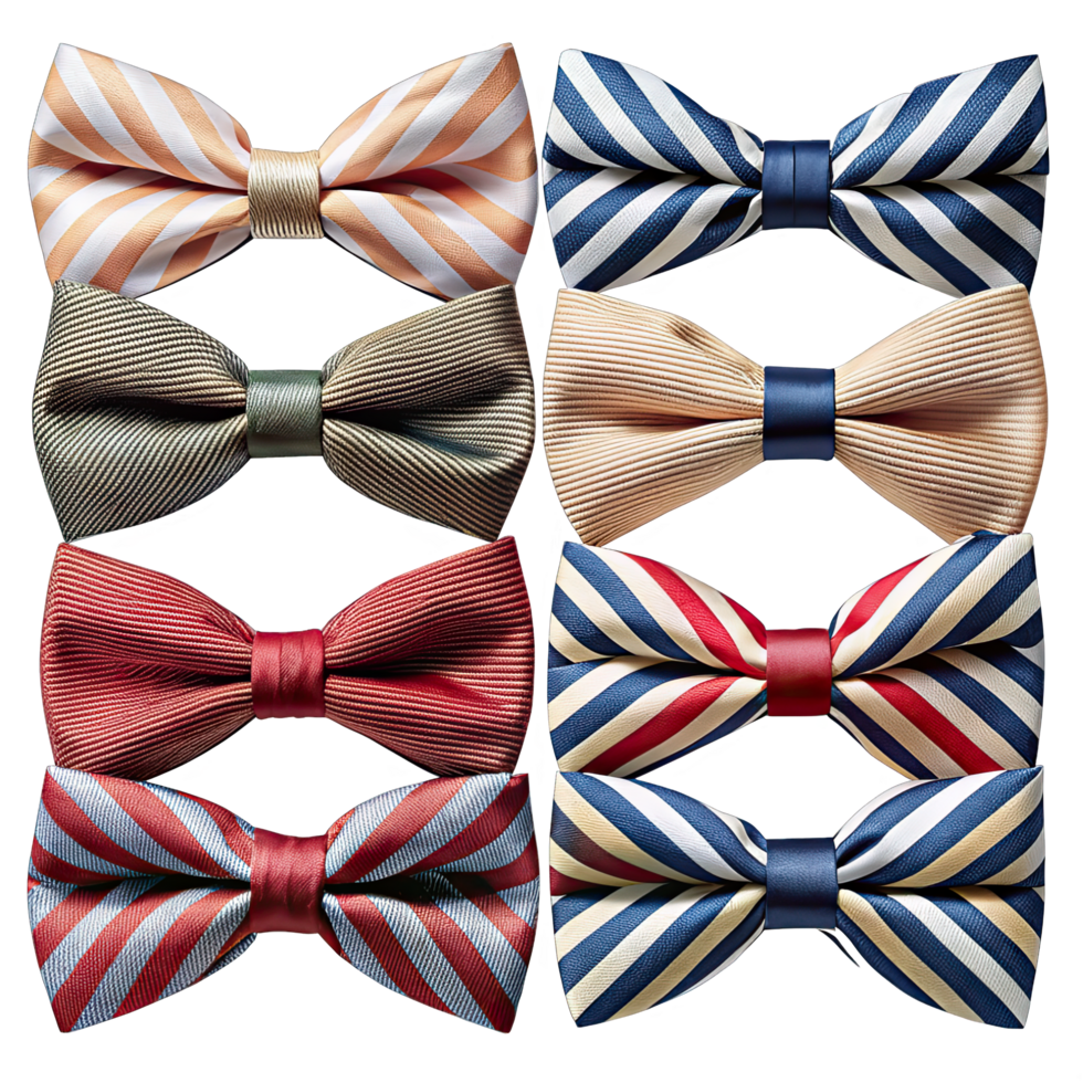 A curated collection of bow ties, each with unique striped designs. png