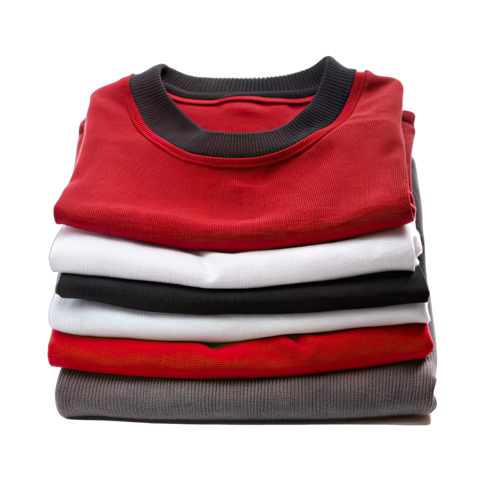 Stacked t-shirts crowned by a bold red tee with black trim. png