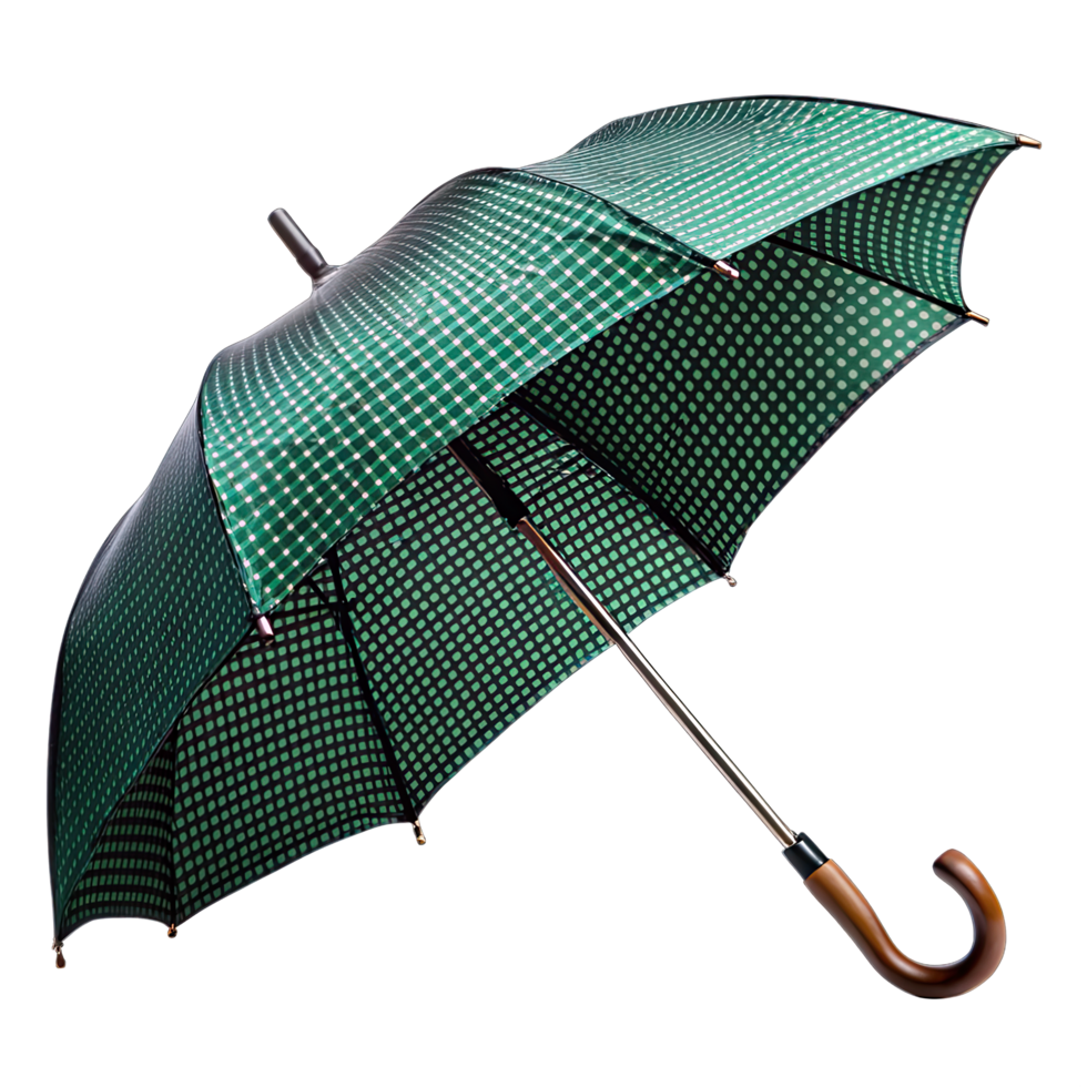 A stylish green umbrella featuring a checkered pattern and a polished wooden handle. png