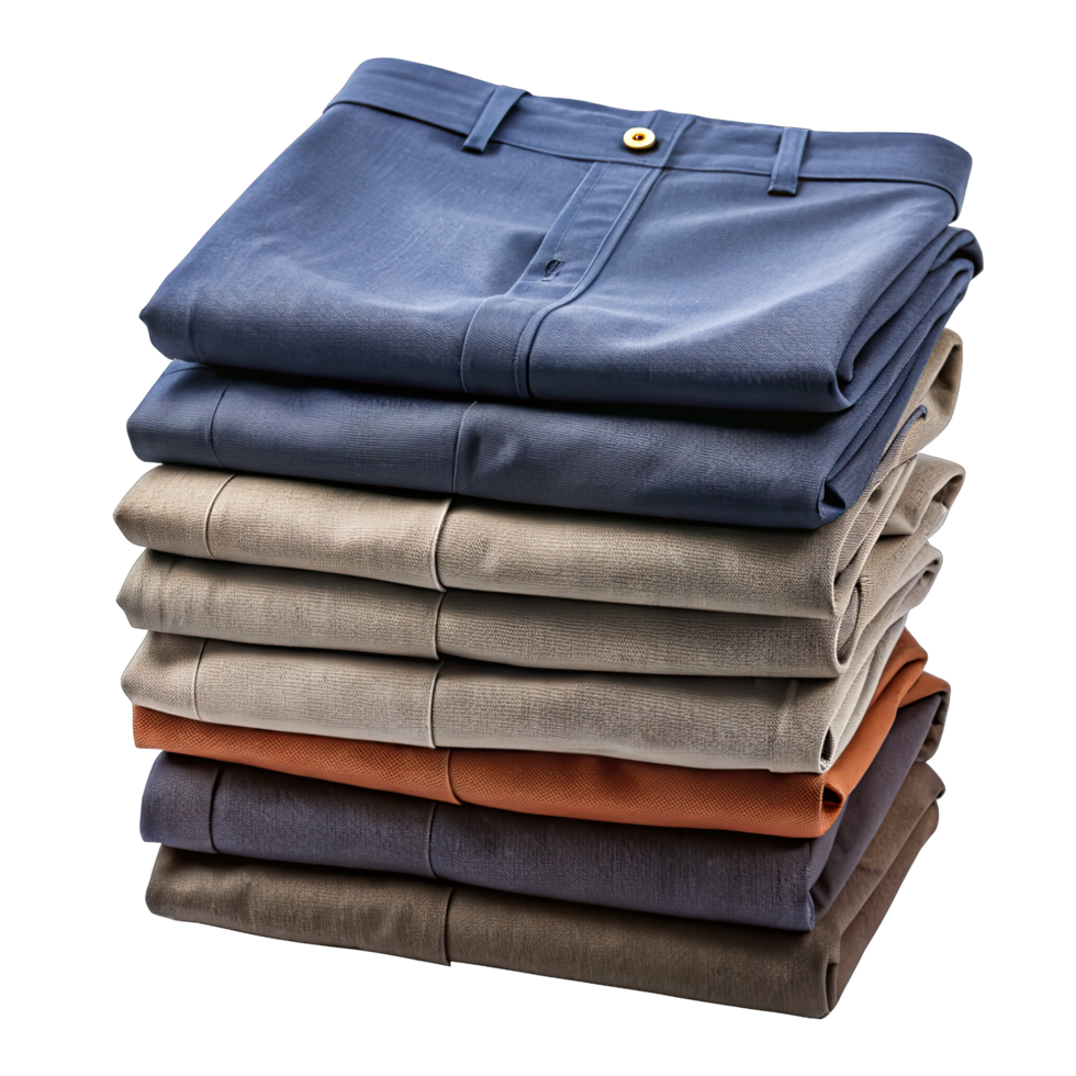 Piled trousers navy, tan, chocolate, rust and folded crisply. png