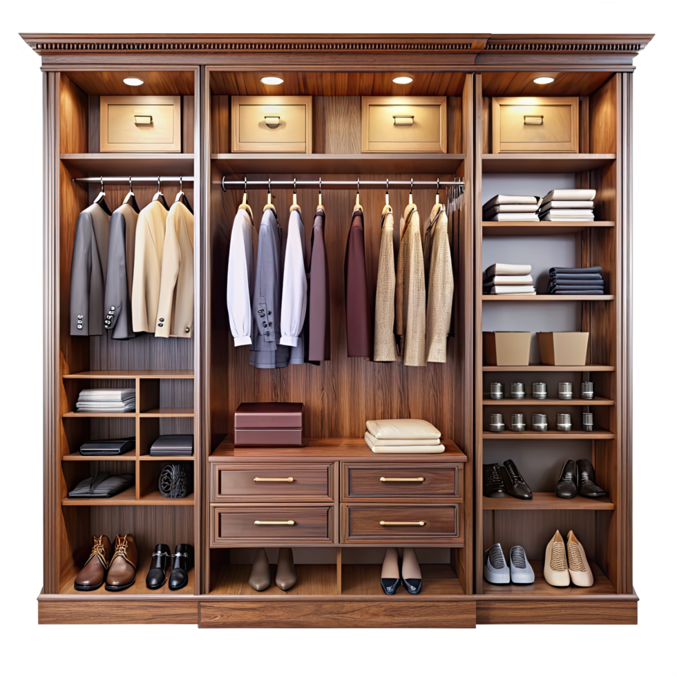 An organized closet with shelves, drawers, and hanging space for clothes, shoes, and accessories. png