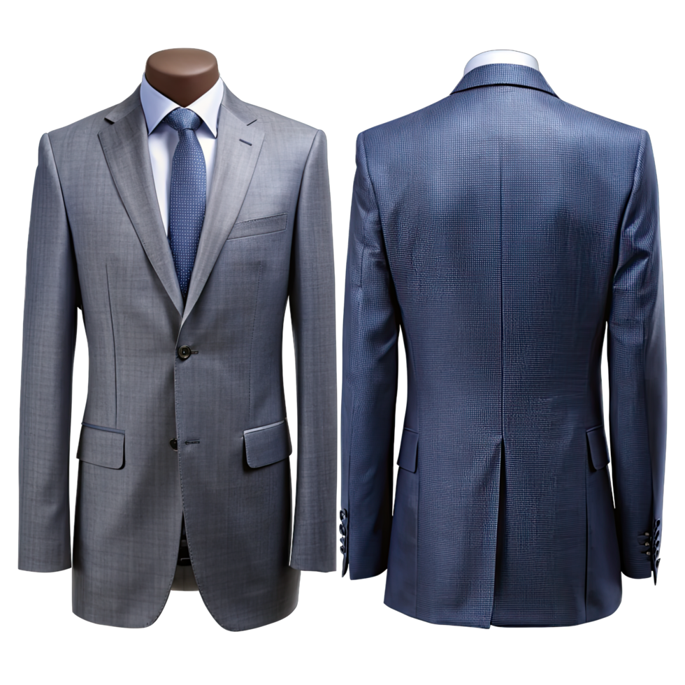 A photo displaying two business suits, one gray and one blue, showing both front and back views png