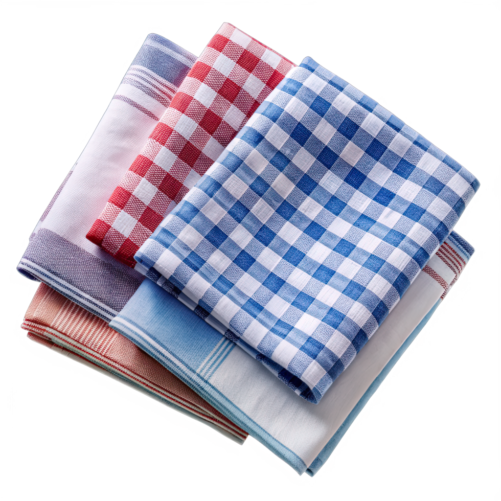 Piled gingham hankies in assorted hues crisply folded. png