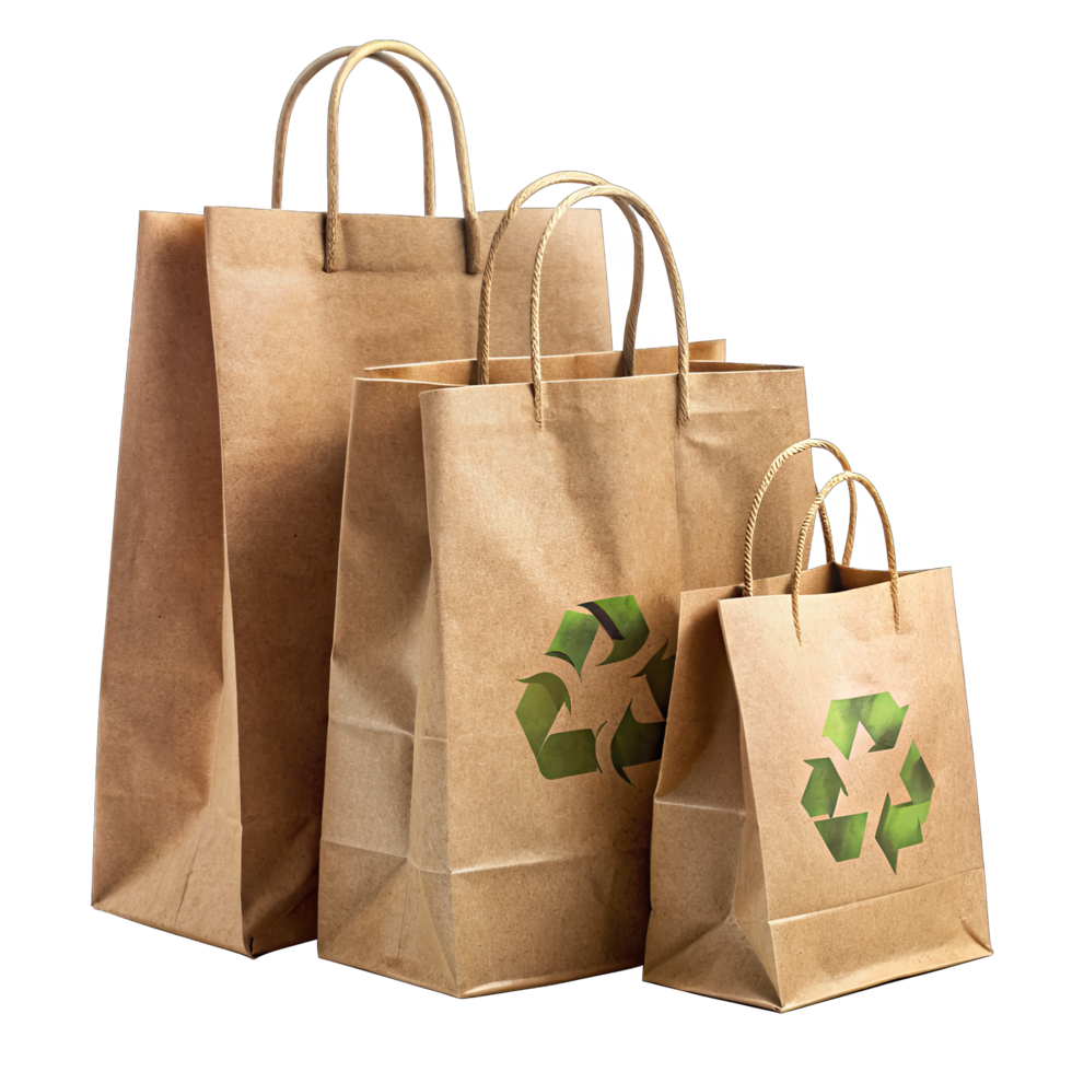 Recyclable brown bags with bold green recycling logos for eco conscious branding. png