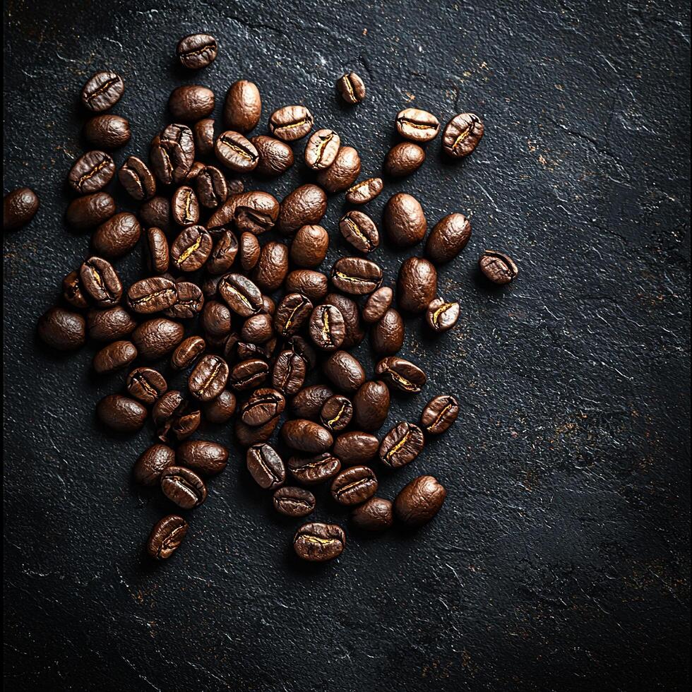 Aromatic, dark-roasted coffee beans scattered on a textured, deep-black, stone background. photo