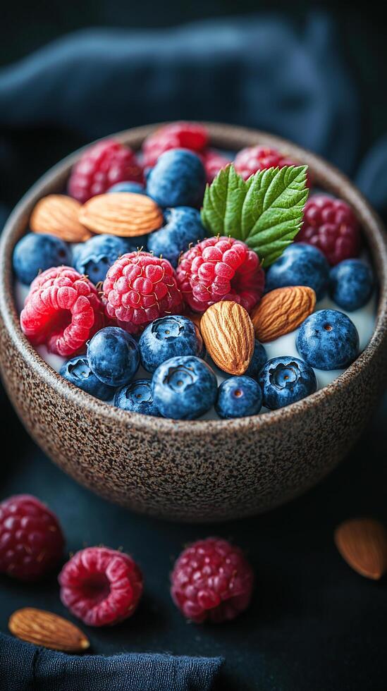 A bowl of fresh fruit and nuts served over creamy yogurt, a healthy and colorful treat. photo