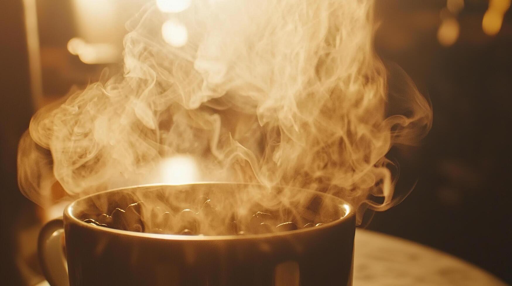 A steaming cup of coffee in soft light creates a warm and inviting morning scene. photo