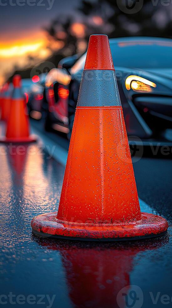 A rain-kissed traffic cone stands guard on a wet road, reflecting the night and car lights. photo