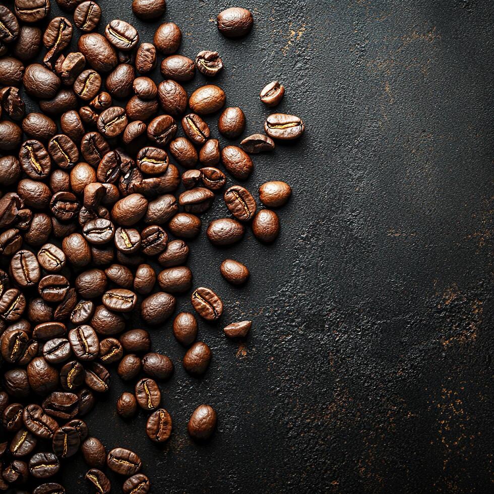 Overhead view of freshly roasted coffee beans scattered on a rough, dark surface. photo