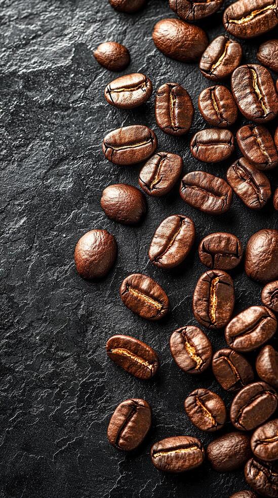 Roasted coffee beans scattered on a dark, textured surface, perfect for a gourmet coffee concept. photo