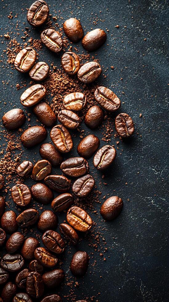 Roasted coffee beans and grounds cascade across a dark, textured surface, top-down view. photo
