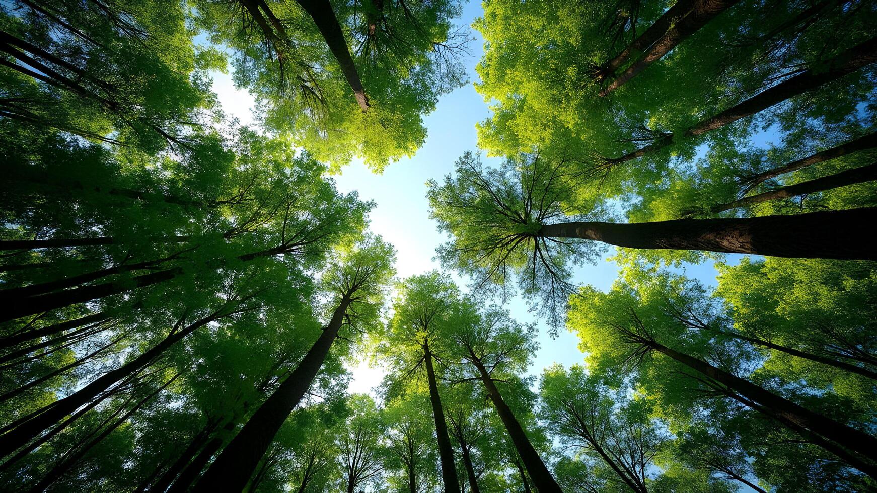 A Look Upward Through the Emerald Canopy of a Forest photo