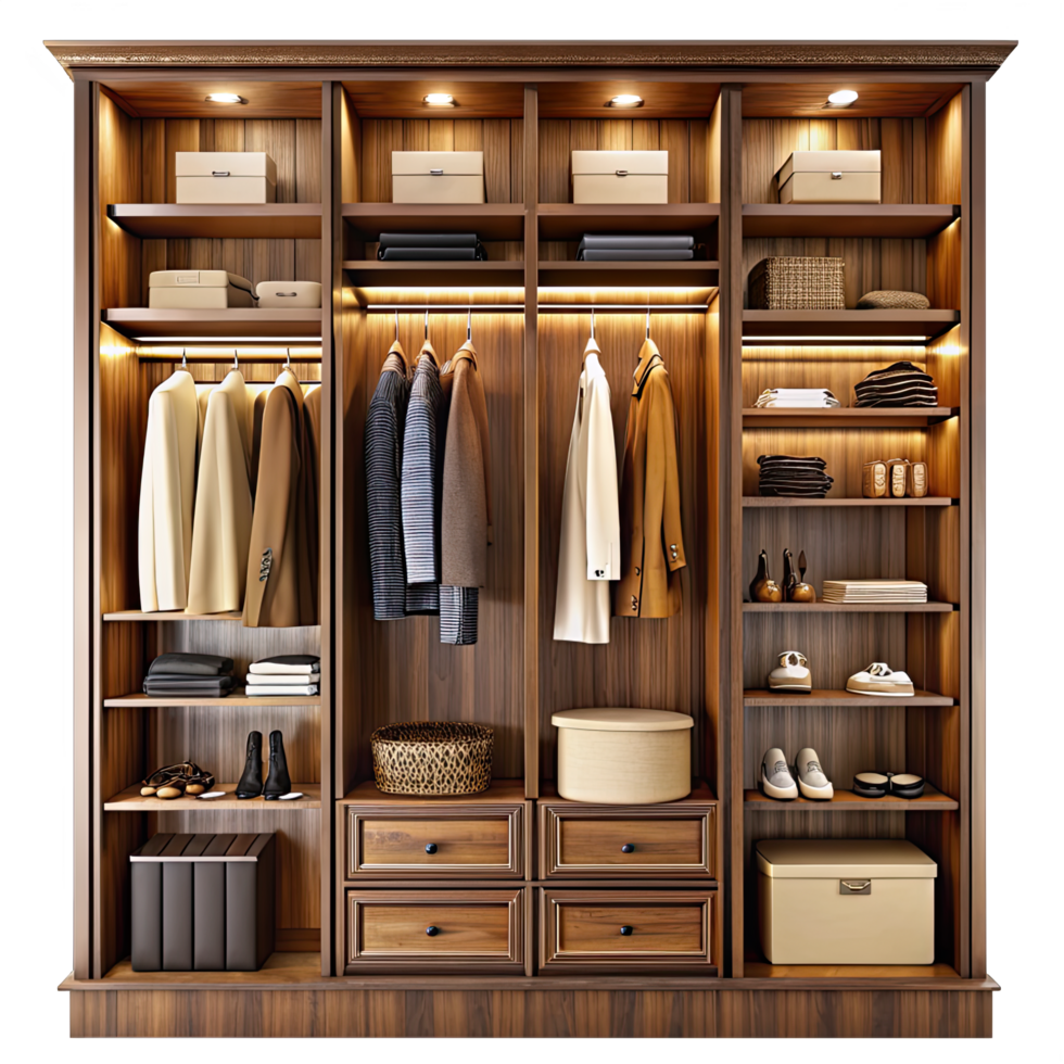 Modern wardrobe with wood veneer finish, built-in shelves, and interior lighting for a sleek organized look. png