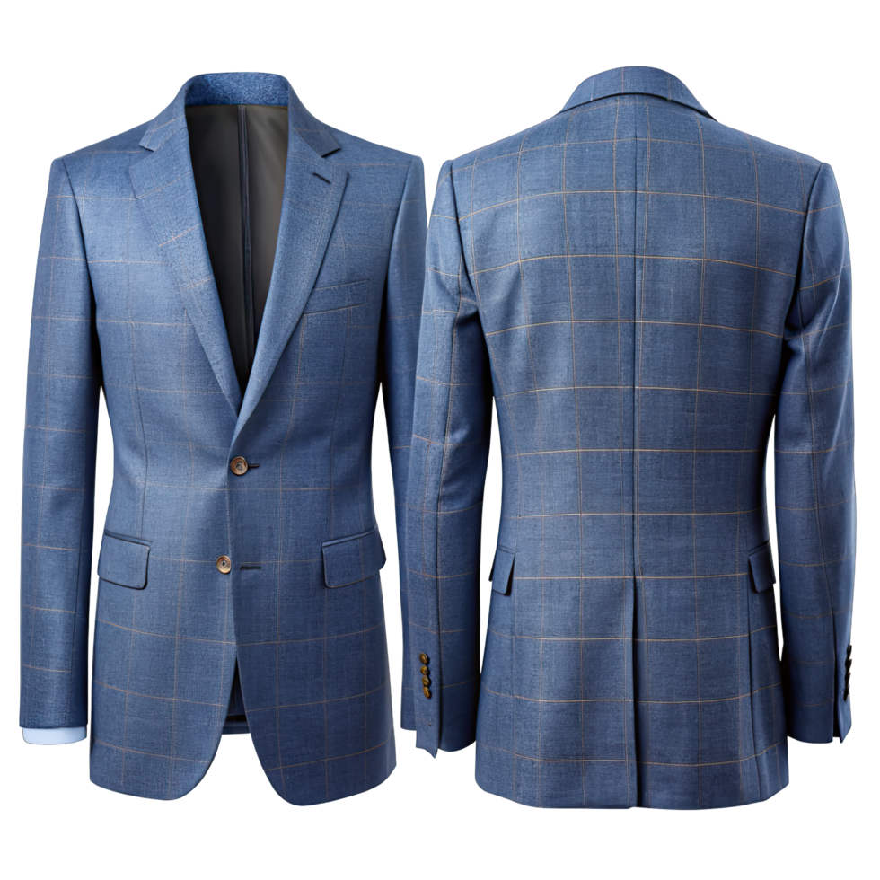 Close-up of a blue plaid business suit jacket showcasing front and back views with tailored details and subtle grid pattern png
