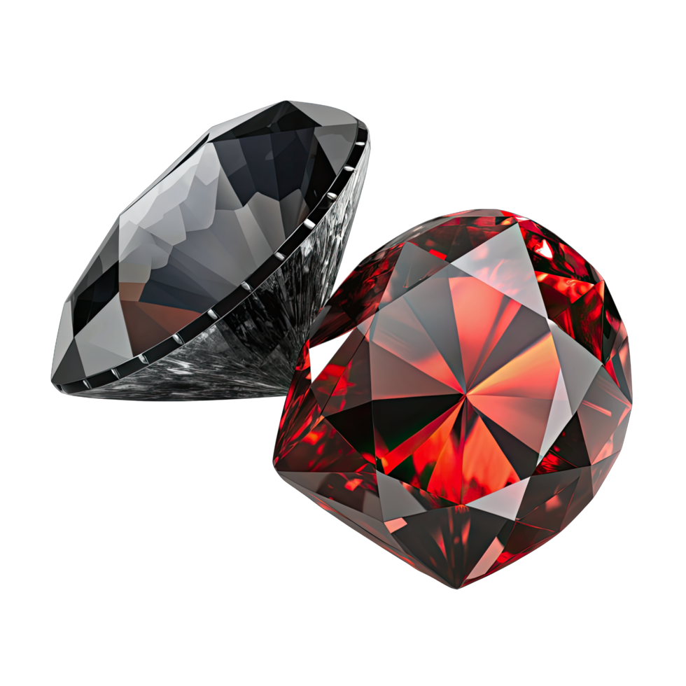 Close up of two gemstones, a black diamond and a red ruby. png