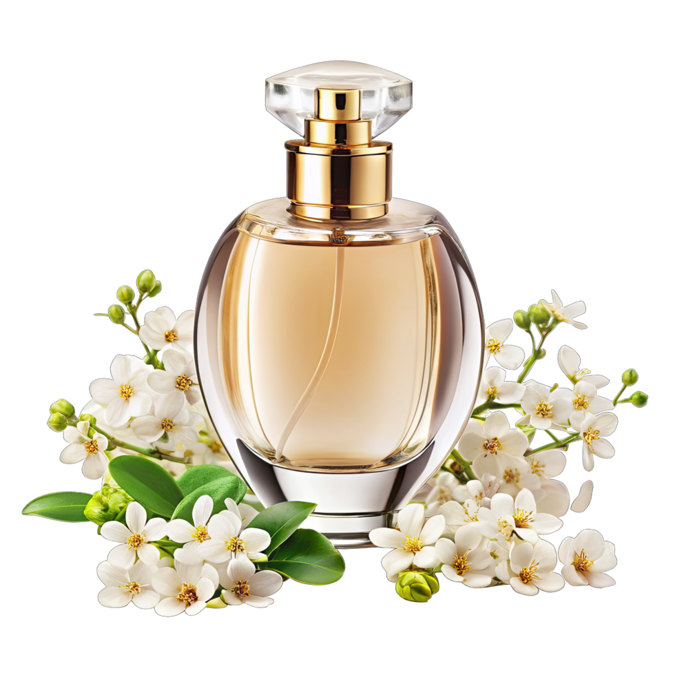 Clear glass perfume bottle with a gold cap, delicate floral scent, adorned with white flowers. png