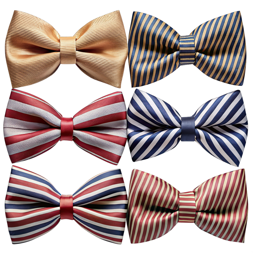 A vibrant collection of striped bow ties, showcasing playful and diverse color mixes. png