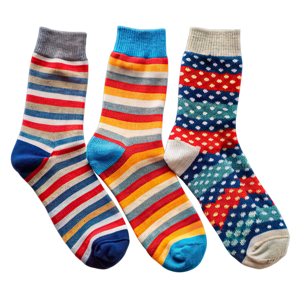 Colorful winter socks with assorted patterns shown together png