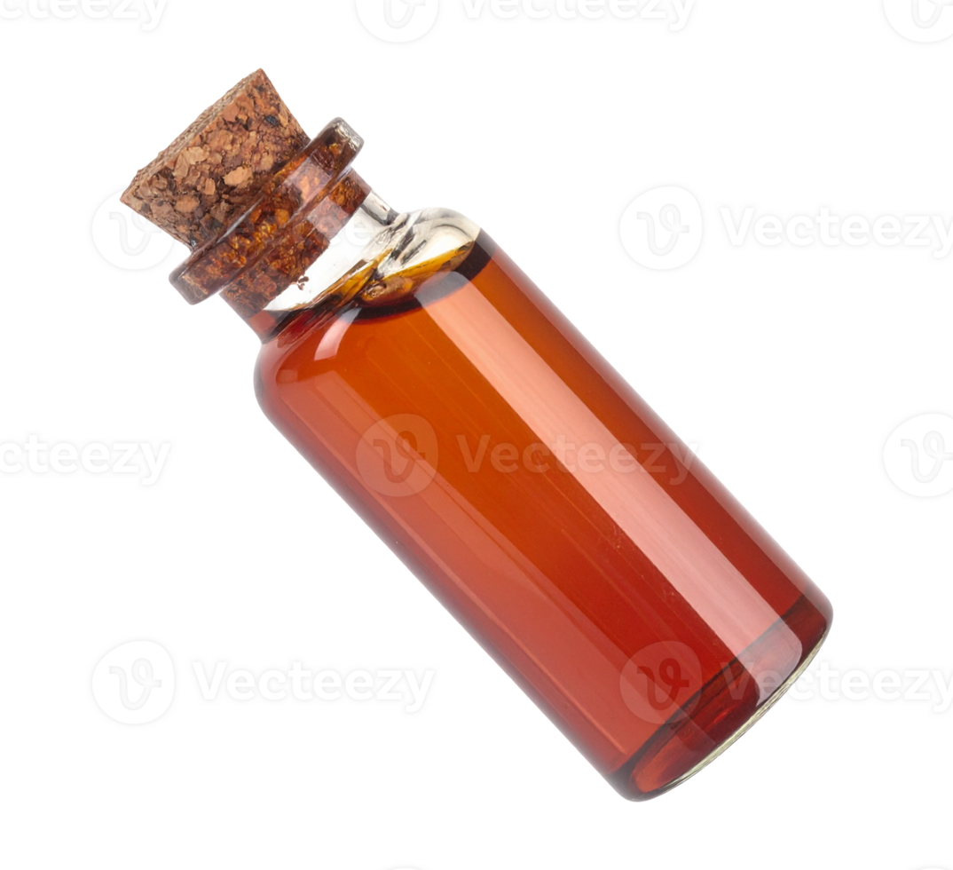 Close-up of a vial filled with amber liquid and a cork stopper png