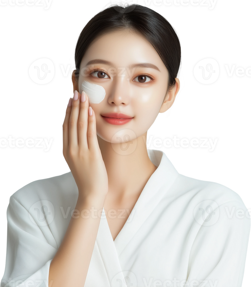 A woman in a robe is holding a cream on her face png