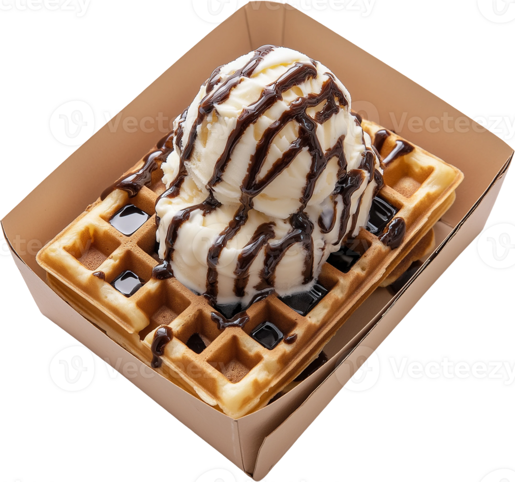 A waffle with ice cream and chocolate syrup png