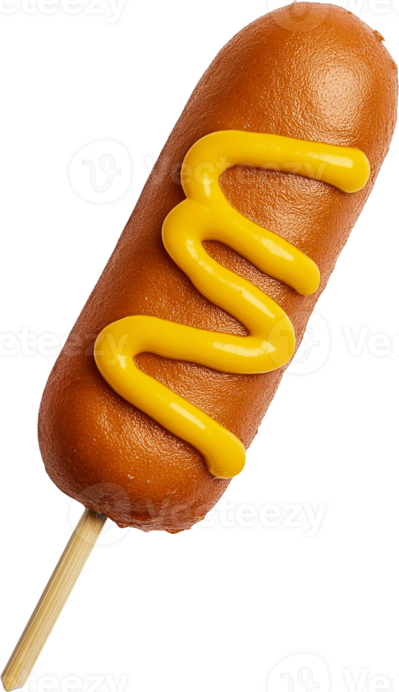 A hot dog on a stick with yellow sauce png
