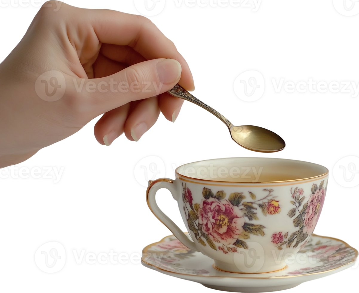 A person's hand holding a spoon over a cup of tea png